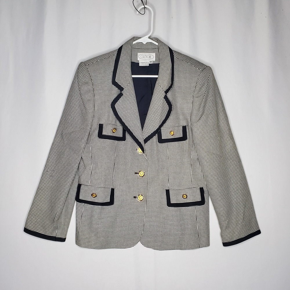 Gilmor‎ Houndstooth Gold Button Skirt Suit Women 12P Black White Old Money